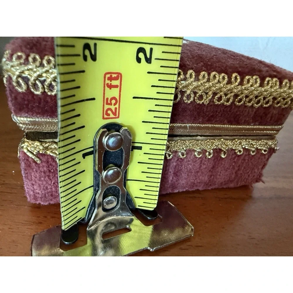Burgundy Velvet  Embellished Jewelry Box with Gold Floral Accent 4.5x4x2